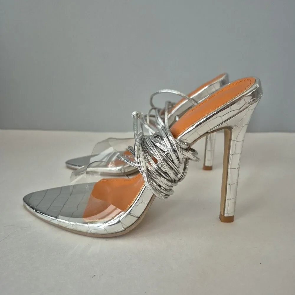 Boutique Silver Clear Open Toe Lace Up and Around the Calf High Heels Womens 6